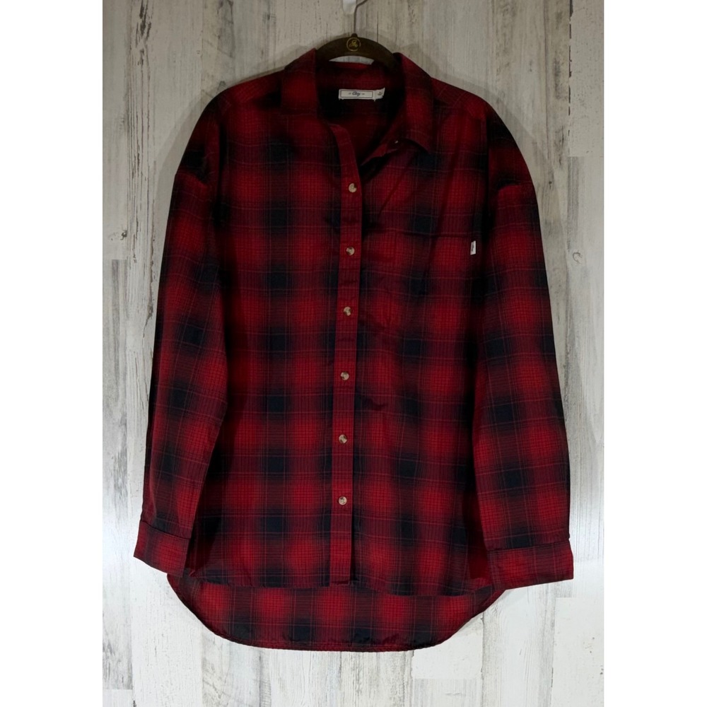Obey Womens Button Up Shirt Medium Red Black Plaid Curved High Low Hem Oversized